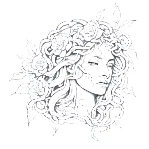 A Sketch Style Tattoo Of A Medusa Portrait Entwined With Vines And Flowers