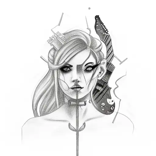 A Black-grey Tattoo Of A Rock N Roll Symbol Intertwined With A Girl Playing A Guitar