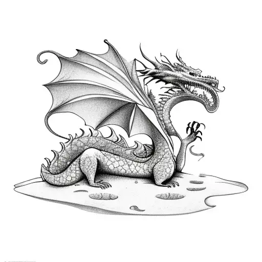 Scene Of A Beach With A Dragon Lying Down On The Right And An Indian Lying Down On The Left