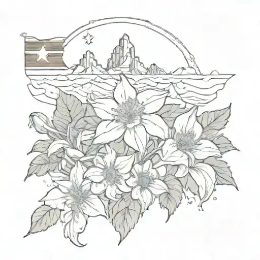 Rocky Mountains With A Columbine Flower With The Flag Of Colorado