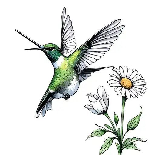 Humming Bird Flying With A Daisy And Sweet Pea Next To It