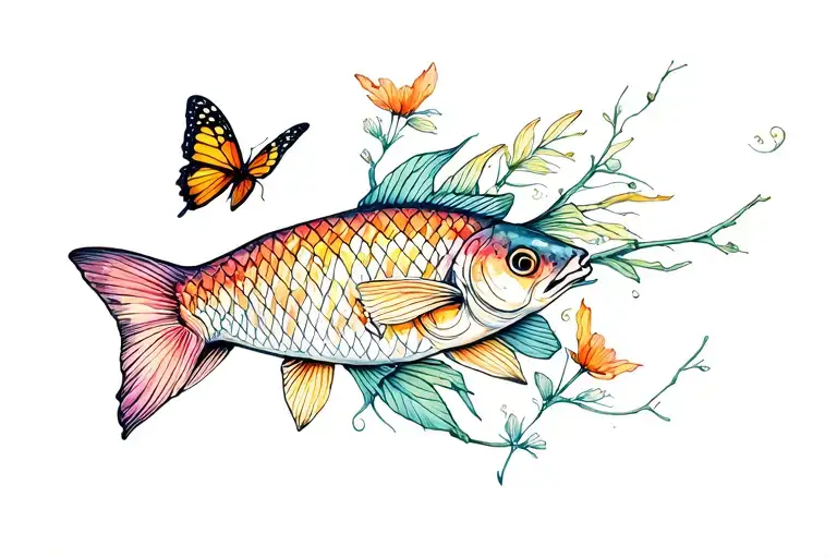 Fish And Butterflies And Colored Lines And Flowers On The Hand Of A Twig Of A Weave