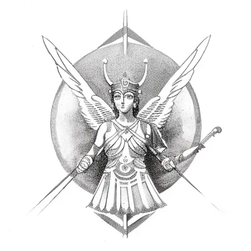 Athena Goddess Holding A Spire On The Right Hand And On The Left A Shield With An Owl