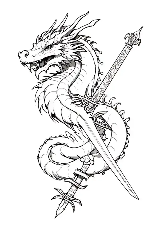 Book Dragon With Cherry Blossom And Sword