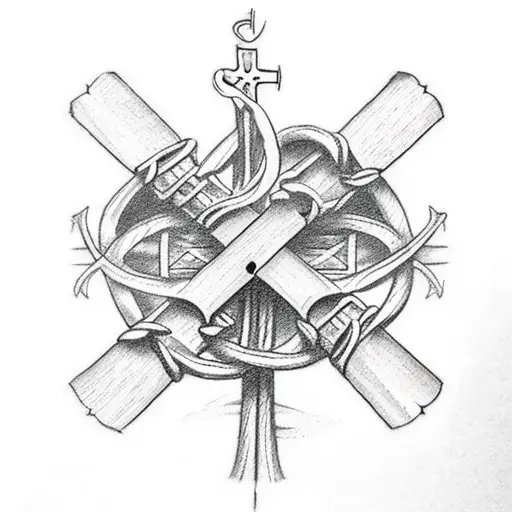 A Catholic-inspired Tattoo Featuring A Cross Intertwined With Fishing Hooks And Sailing Ropes