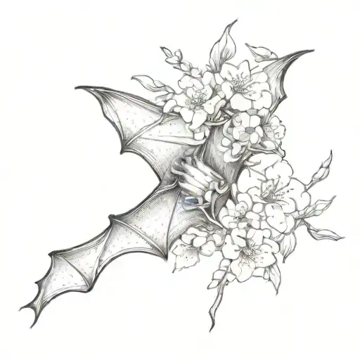 Bat With Sakura Flowers And Japanese Characters