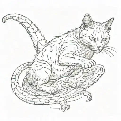 A Cat Rolling On His Back Trying To Touch A Lizard With His Paw