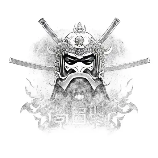 Japanes Oni Mask Pierced With Katana Verticly And Temple Gate In The Background Of The Mask