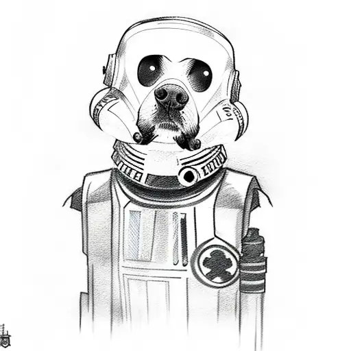 A Sketch-style Tattoo Of A Dog Wearing A Star Wars Helmet And Holding A Lightsaber