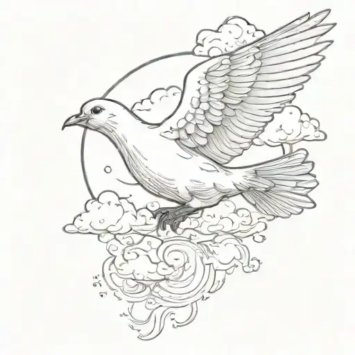 Dove Flying To Sun And Clouds