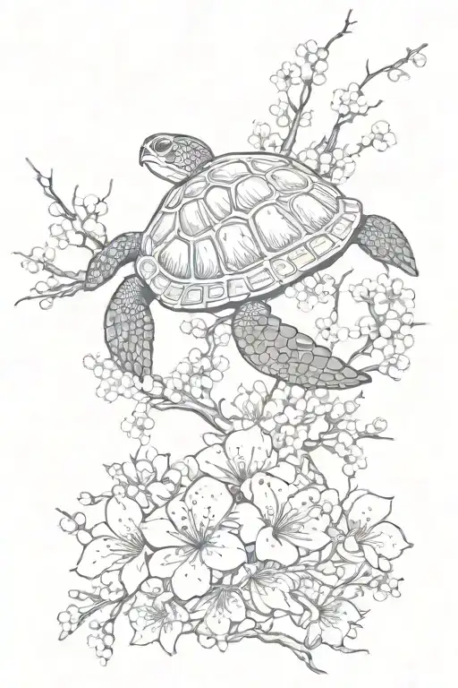 Cherry Blossom Flowers And Sea Turtle