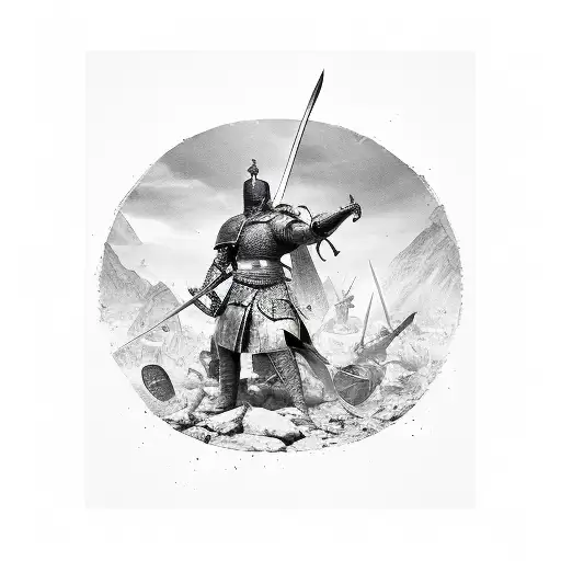 A Warrior With A Sword And Shield Standing Tall Amidst A Chaotic Battlefield