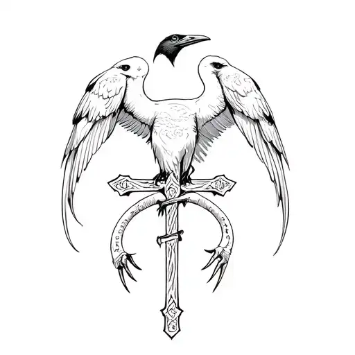 A Crane With A Double Cross In Its Claw Accompanied By A Raven