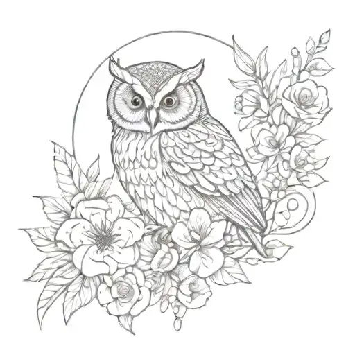 Pretty Owl Line Work With Florals Around