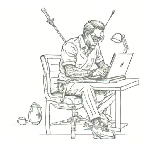 A Sketch Style Tattoo Of A Ceo Working On A Computer With Golf Clubs In The Background