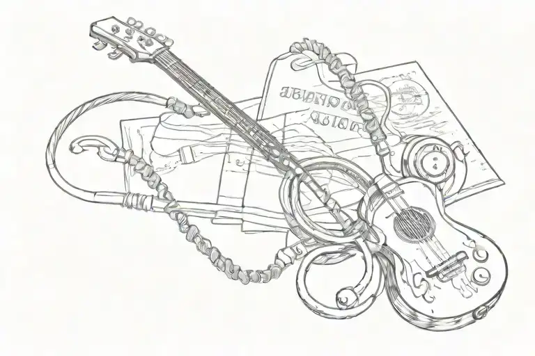 A Sketch Of A Stethoscope Intertwined With A Guitar And A Passport