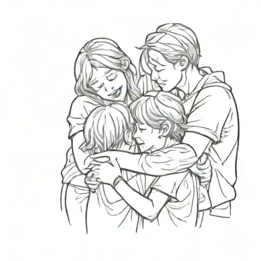A Family Of 2 Parents And 3 Kids Seen From Backwards Is Hugging And Crying