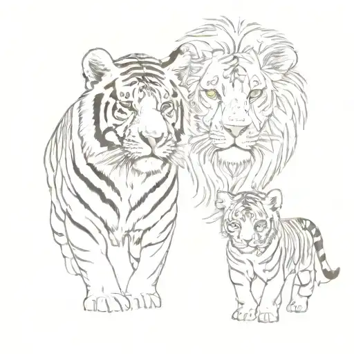 Make A Tiger And A Lioness With A Lion Cub Looking At Each Other