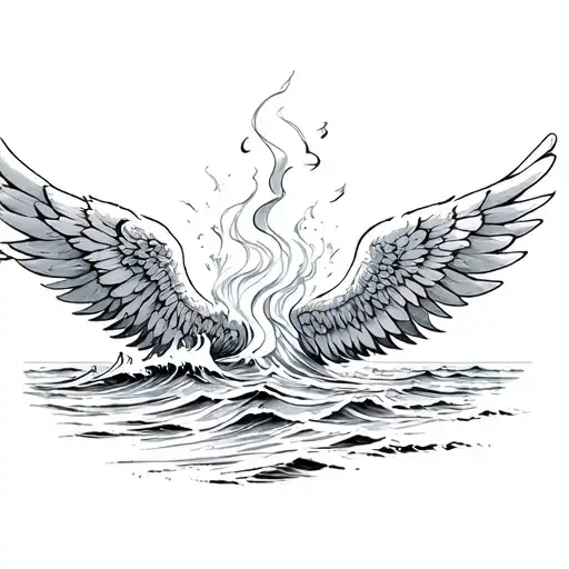 A Sketch Tattoo Of Wings Morphing Into Crashing Waves On The Beach