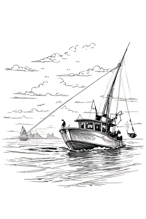 Fishing On A Boat In The Ocean With A Sunset Sky