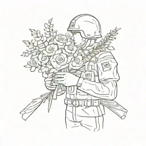 A Sketch Of A Soldier Holding A Bouquet Of Flowers With The Word 'Boys' Incorporated Into The Design