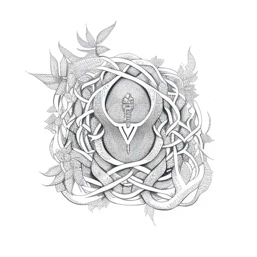 African Cult Symbols Intertwined With Vines And Flowers