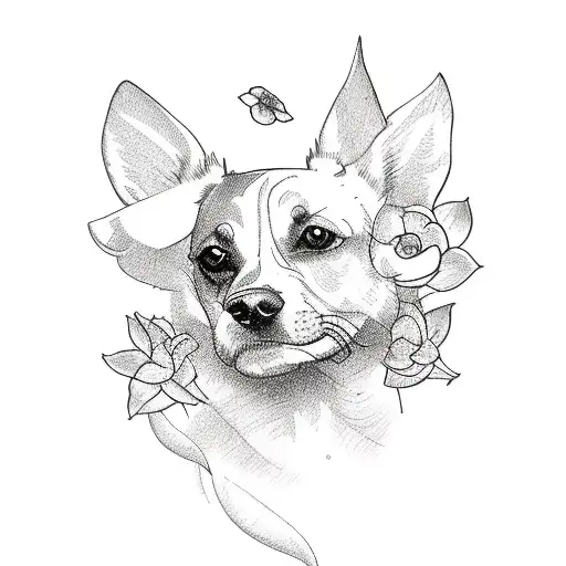 A Sketch-style Tattoo Of A Dog Exploring A Beautiful Flower-filled Meadow In The Mountains
