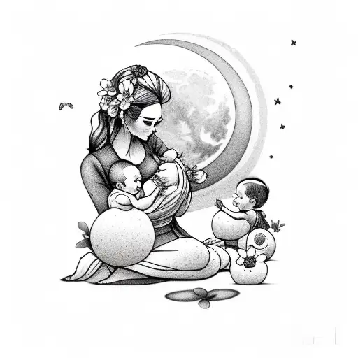 Mother With Baby And Toddler And Moon And Flowers