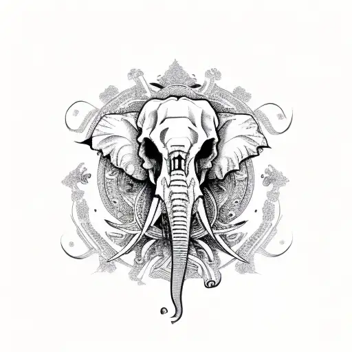 Skull With Floral Pattern Trailing Down To Asian Elephant