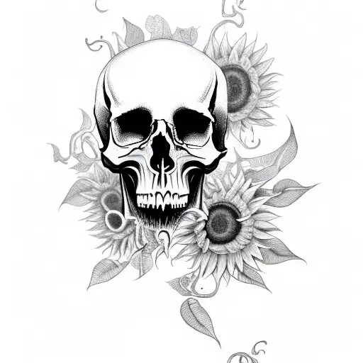 Half Skull With Sunflowers & Vines Pouring Out