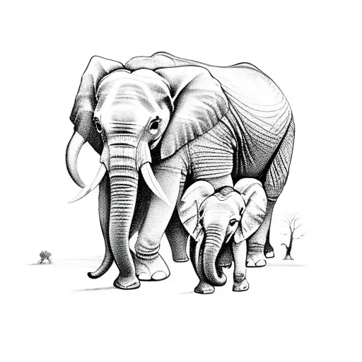 2 Adult Elephants With 1 Baby Elephant With The Tree Of Life In The Backgound