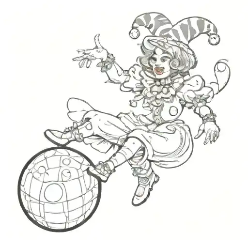 Female Jester With Clown Face Paint Juggling While Balancing On A Ball