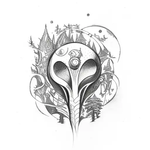 A Sketch-style Tattoo Of An Alien Exploring A Mystical Forest