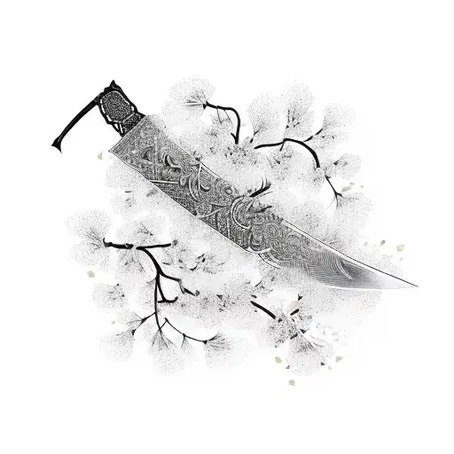 An Intricate Katana Sword With Cherry Blossom Petals Falling Around It