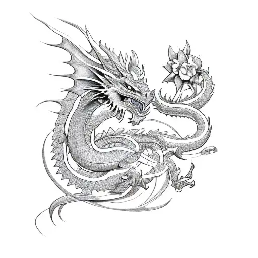 A Sketch-style Design Of A Dragon And Roses Intertwined