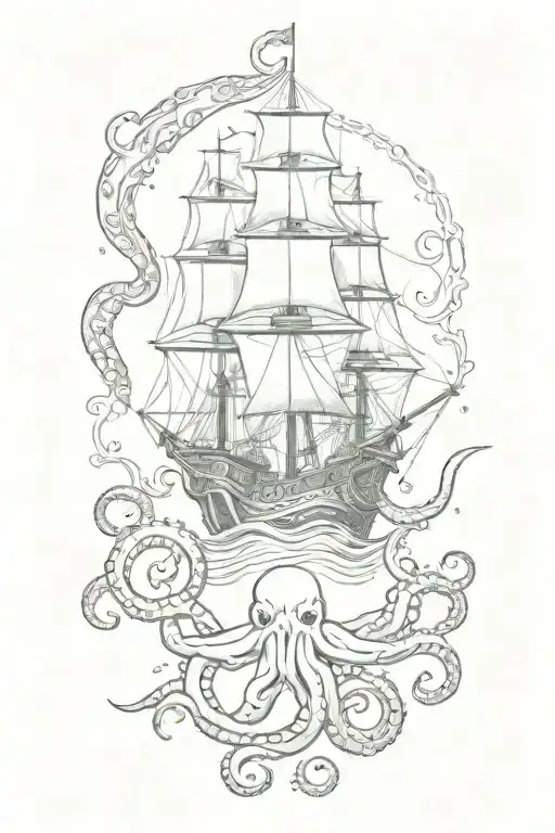 Tribal Inside Of An Octopus With A Ship Sailing