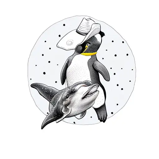 Penguin Holding A Lasso Wearing A Cowboy Hat Riding A Dolphin