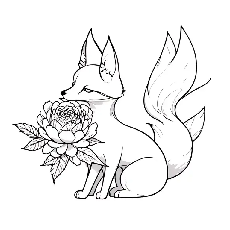 Fox With A Spread Tail With A Peony Flower