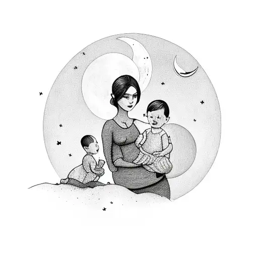 Mother With Baby And Toddler And Moon