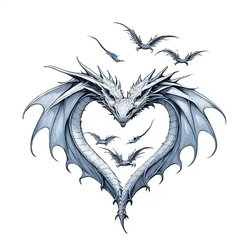 Dragons Interwined In A Heart With Four Baby Dragons Flying With Them