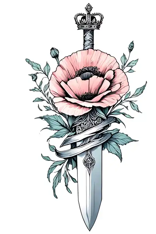 Fine Line Feminine Sword Wrapped With A Poppy Topped With A Crown
