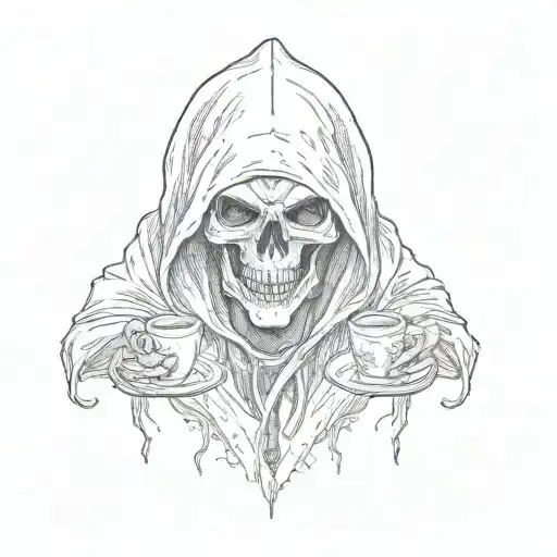 A Grim Reaper In A Hood With With Coffe Cup And Seeckle On Back With Caligraphic Text I Can Wait
