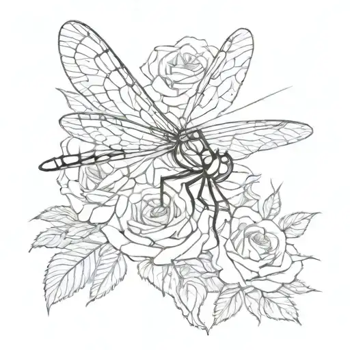 Dragonfly And A Rose Intertwined