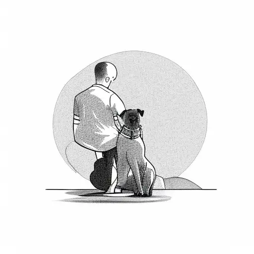 Man And His Medium Sized Dog Seated Together Watching A Beautiful Horizon And A Sunset Far Away