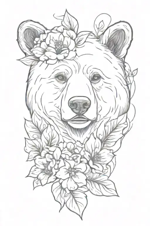 Bear Face Outline With Flowers And Cubs Face Only
