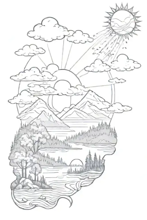 Sun With Rays Coming Out With Clouds And A Forest Scene With Animals And A Lake With Mountains