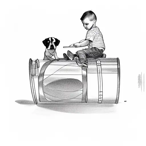 A Boy And A Dog Are Sitting On A Drum Set