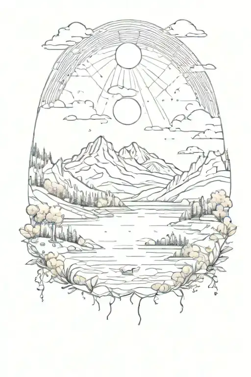 Rays Of Sunshine With A Lake And Mountain Landscape Surrounding With Animals