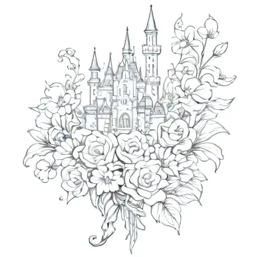 Disney Castle With Birth Flower Bouquet