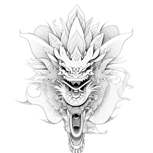A Traditional Japanese Dragon Winding Around A Lotus Flower